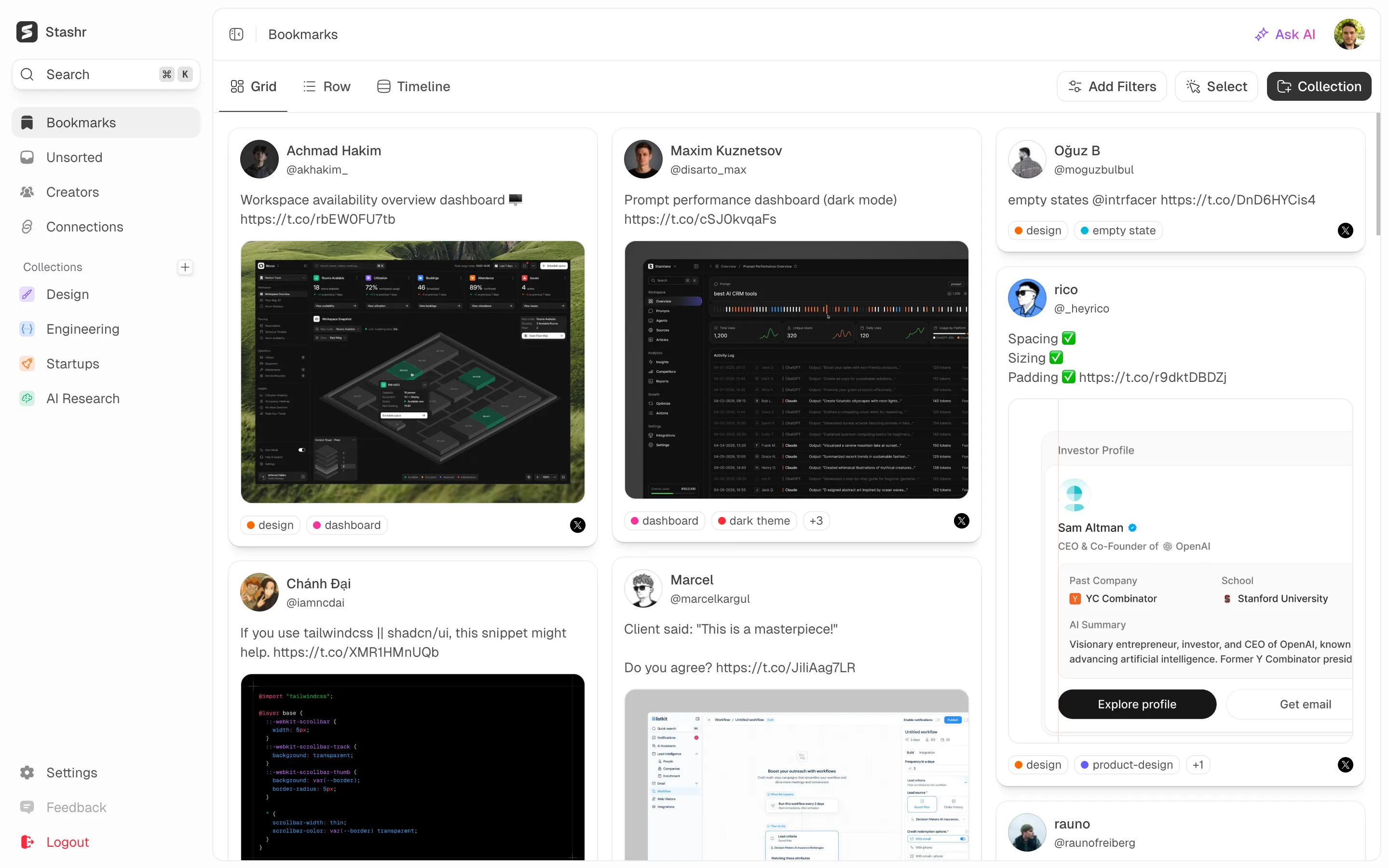 Stashr bookmark library showing AI-tagged saves from X, Reddit, Instagram, and TikTok